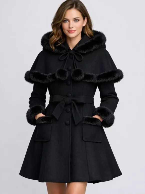 Faux Fur Trimmed Belted Wool Blend coat With Hooded Cape For Women 2026
