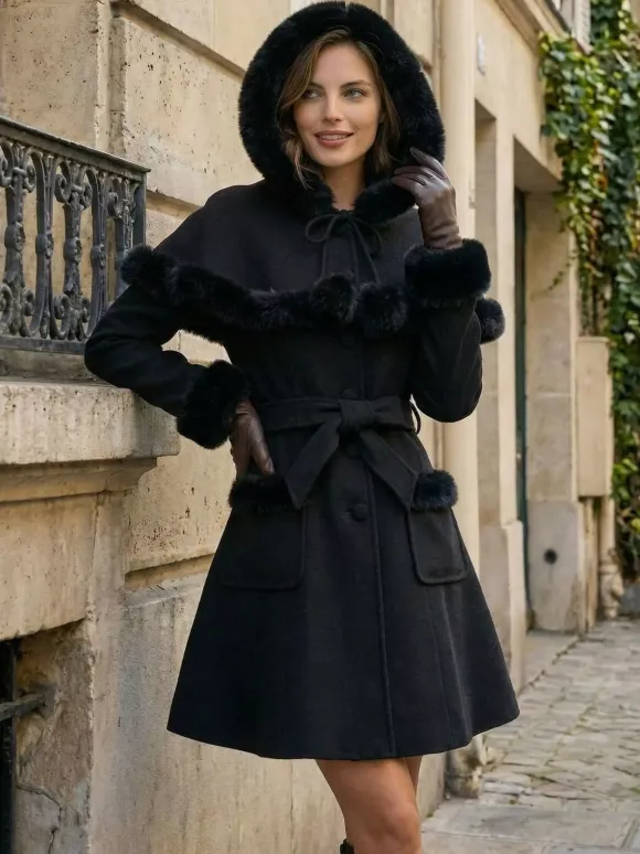 Faux Fur Trimmed Belted Wool Blend coat With Hooded Cape For Women 2026