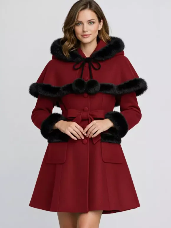 Faux Fur Trimmed Belted Wool Blend coat With Hooded Cape For Women 2026
