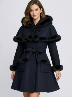 Faux Fur Trimmed Belted Wool Blend coat With Hooded Cape For Women 2026