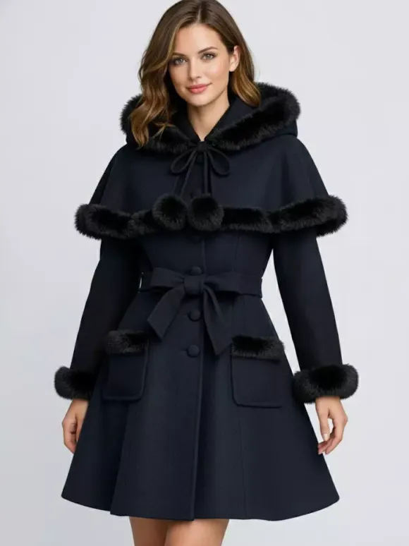 Faux Fur Trimmed Belted Wool Blend coat With Hooded Cape For Women 2026