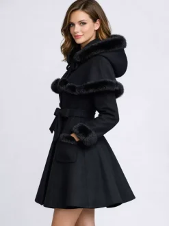 Faux Fur Trimmed Belted Wool Blend coat With Hooded Cape For Women 2026