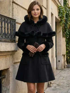 Faux Fur Trimmed Belted Wool Blend coat With Hooded Cape For Women 2026
