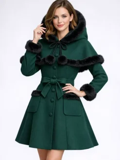Faux Fur Trimmed Belted Wool Blend coat With Hooded Cape For Women 2026