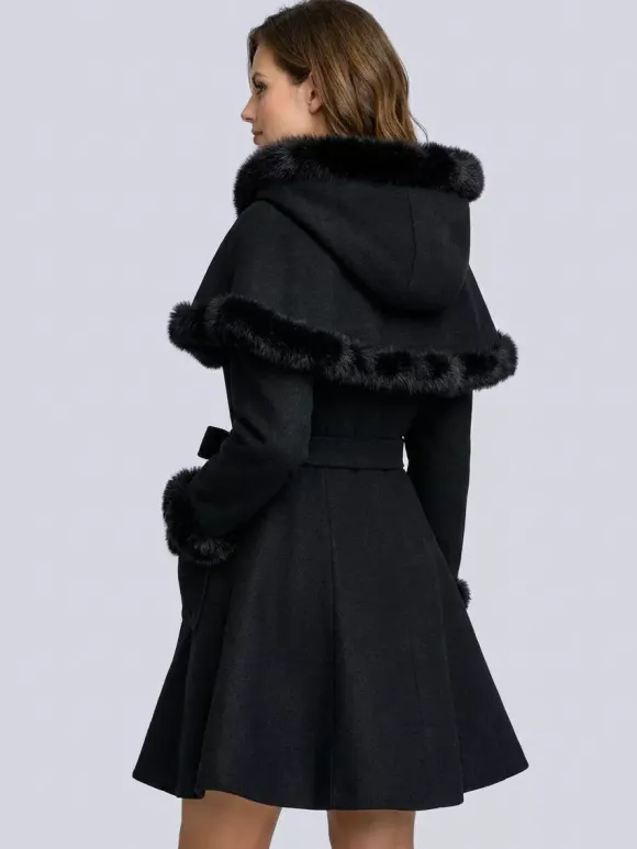 Faux Fur Trimmed Belted Wool Blend coat With Hooded Cape For Women 2026