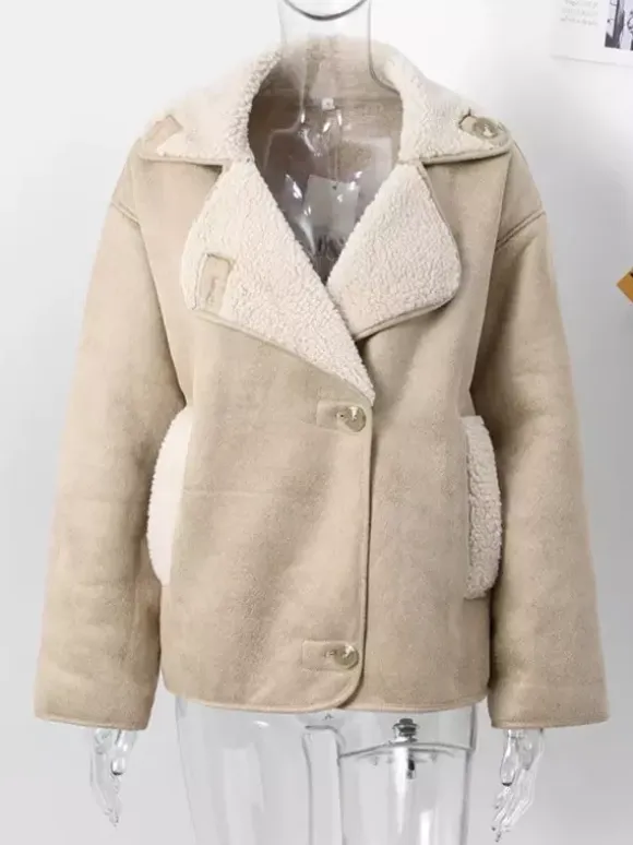Faux Leather Jacket In Maillard Tones Faux Shearling Lapel Oversized Spring Outerwear For Women 2026