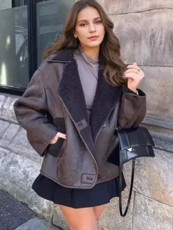 Faux Leather Jacket In Maillard Tones Faux Shearling Lapel Oversized Spring Outerwear For Women 2026