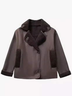 Faux Leather Jacket In Maillard Tones Faux Shearling Lapel Oversized Spring Outerwear For Women 2026