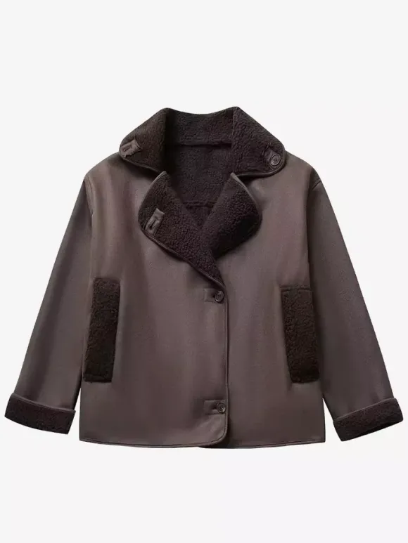 Faux Leather Jacket In Maillard Tones Faux Shearling Lapel Oversized Spring Outerwear For Women 2026