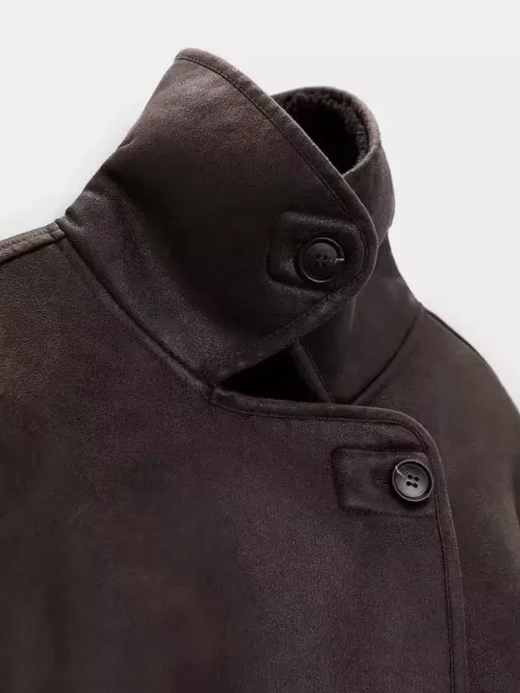 Faux Leather Jacket In Maillard Tones Faux Shearling Lapel Oversized Spring Outerwear For Women 2026
