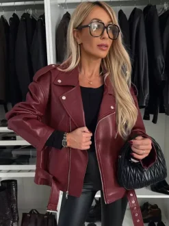 Faux Leather Moto Jacket Oversized Biker Coat For Women 2026
