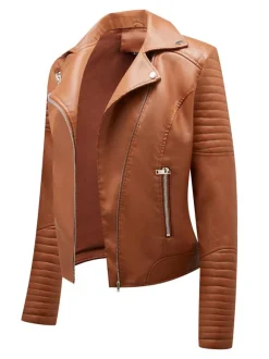 Faux Leather Moto Jacket Turndown Collar Yellow PU Relaxed Fit Spring Fall Biker Outerwear For Women