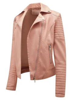 Faux Leather Moto Jacket Turndown Collar Yellow PU Relaxed Fit Spring Fall Biker Outerwear For Women