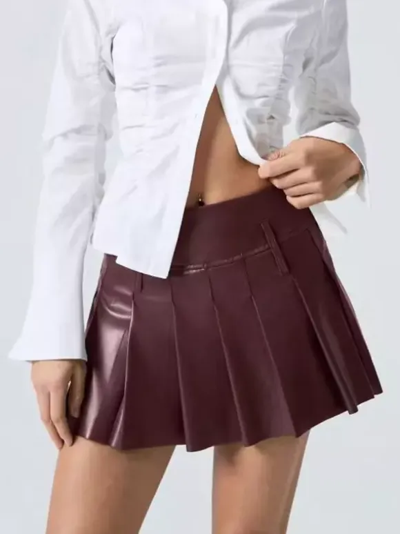Faux Leather Pleated Mini Skirt For Women 2026