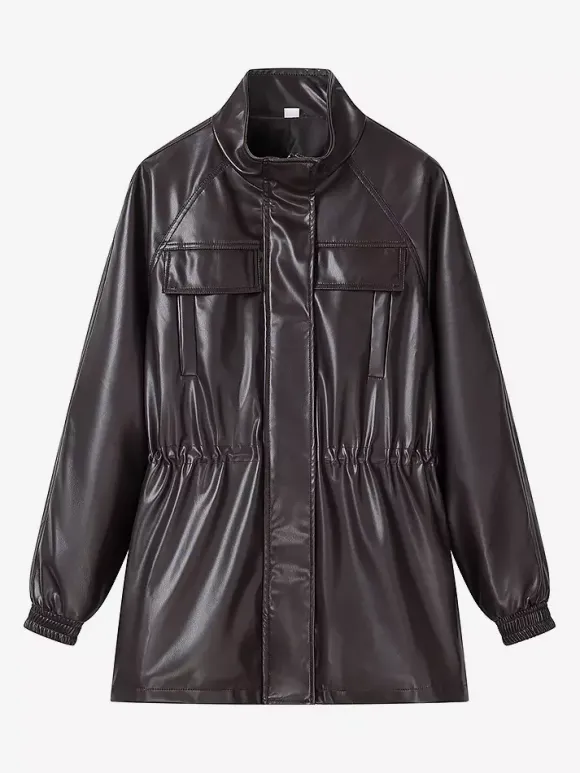 Faux Leather Safari Jacket For Women - Drawstring Waist High Neck Cargo Pocket Midi Coat - Spring Chic Streetwear 2026