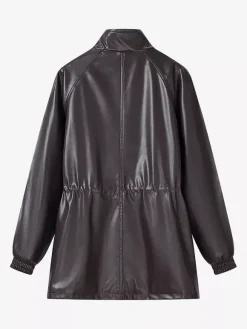 Faux Leather Safari Jacket For Women - Drawstring Waist High Neck Cargo Pocket Midi Coat - Spring Chic Streetwear 2026