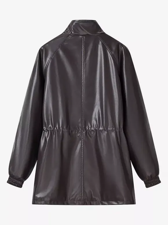 Faux Leather Safari Jacket For Women - Drawstring Waist High Neck Cargo Pocket Midi Coat - Spring Chic Streetwear 2026