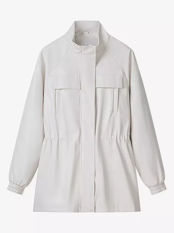 Faux Leather Safari Jacket For Women - Drawstring Waist High Neck Cargo Pocket Midi Coat - Spring Chic Streetwear 2026