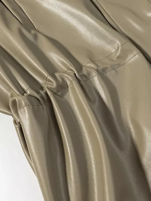 Faux Leather Safari Jacket For Women - Drawstring Waist High Neck Cargo Pocket Midi Coat - Spring Chic Streetwear 2026