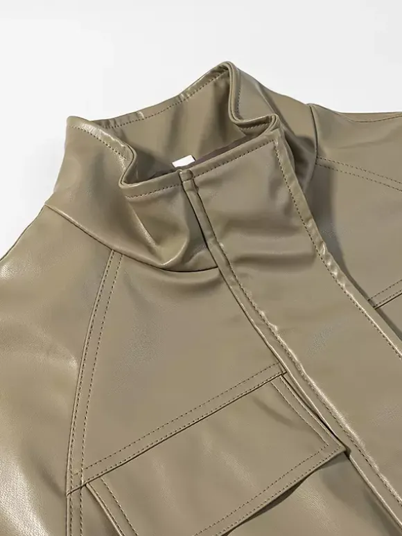 Faux Leather Safari Jacket For Women - Drawstring Waist High Neck Cargo Pocket Midi Coat - Spring Chic Streetwear 2026