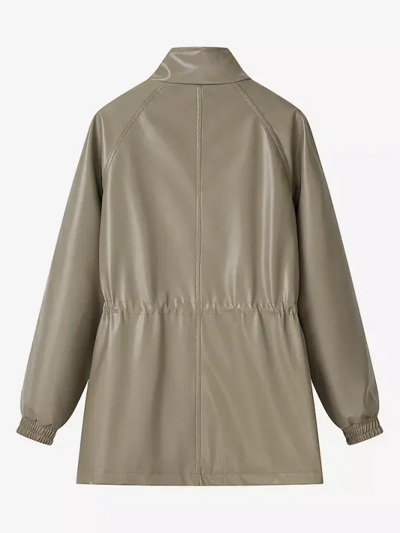 Faux Leather Safari Jacket For Women - Drawstring Waist High Neck Cargo Pocket Midi Coat - Spring Chic Streetwear 2026