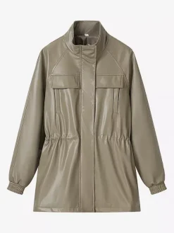 Faux Leather Safari Jacket For Women - Drawstring Waist High Neck Cargo Pocket Midi Coat - Spring Chic Streetwear 2026
