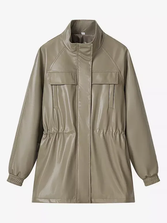 Faux Leather Safari Jacket For Women - Drawstring Waist High Neck Cargo Pocket Midi Coat - Spring Chic Streetwear 2026