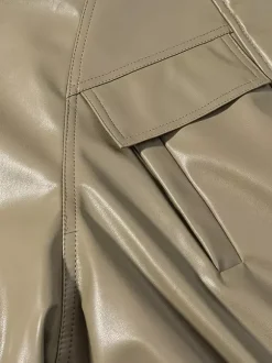Faux Leather Safari Jacket For Women - Drawstring Waist High Neck Cargo Pocket Midi Coat - Spring Chic Streetwear 2026