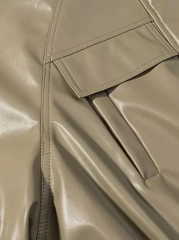 Faux Leather Safari Jacket For Women - Drawstring Waist High Neck Cargo Pocket Midi Coat - Spring Chic Streetwear 2026