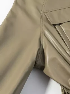 Faux Leather Safari Jacket For Women - Drawstring Waist High Neck Cargo Pocket Midi Coat - Spring Chic Streetwear 2026