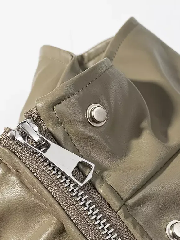 Faux Leather Safari Jacket For Women - Drawstring Waist High Neck Cargo Pocket Midi Coat - Spring Chic Streetwear 2026