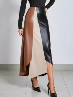 Faux Leather Skirt With High-Waist And Asymmetric Slit For Women 2026