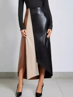 Faux Leather Skirt With High-Waist And Asymmetric Slit For Women 2026