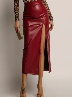 Faux Leather Skirt with Side Slit High-Waisted Solid Color PU Chic Midi Skirt For Women 2026