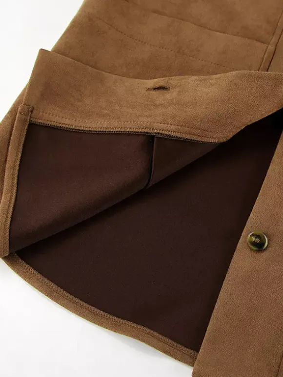 Faux Suede Tan Women's Shirt Jacket - Retro Utility Cargo Pocket Oversized Top - Casual Spring Streetwear 2026