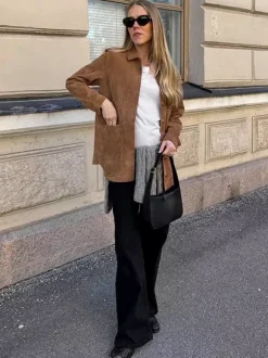 Faux Suede Tan Women's Shirt Jacket - Retro Utility Cargo Pocket Oversized Top - Casual Spring Streetwear 2026