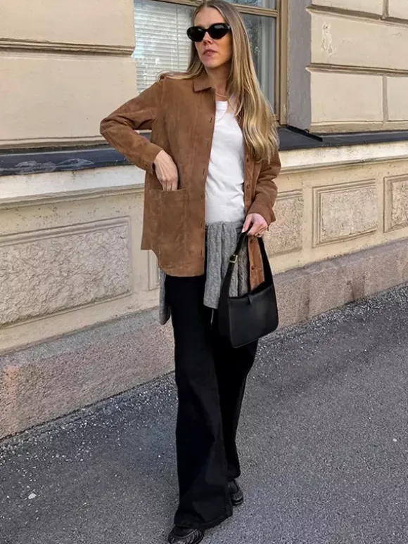 Faux Suede Tan Women's Shirt Jacket - Retro Utility Cargo Pocket Oversized Top - Casual Spring Streetwear 2026