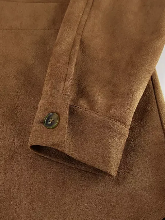 Faux Suede Tan Women's Shirt Jacket - Retro Utility Cargo Pocket Oversized Top - Casual Spring Streetwear 2026