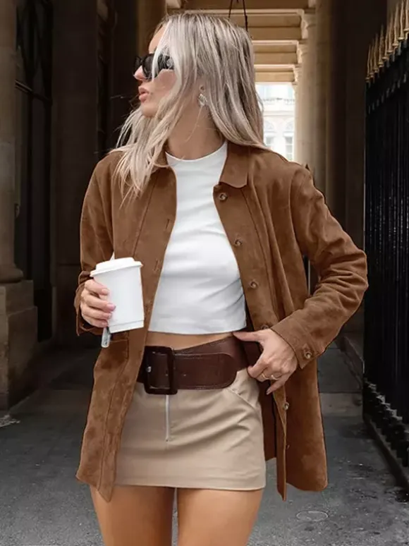 Faux Suede Tan Women's Shirt Jacket - Retro Utility Cargo Pocket Oversized Top - Casual Spring Streetwear 2026