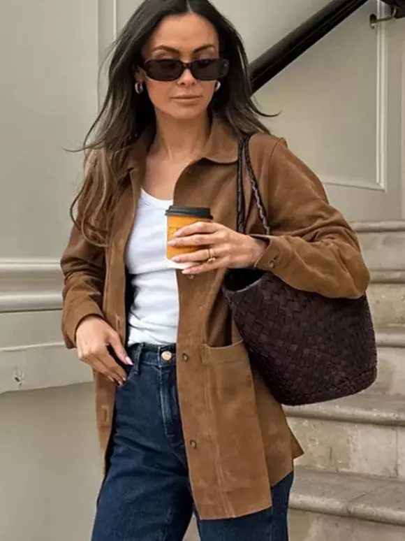 Faux Suede Tan Women's Shirt Jacket - Retro Utility Cargo Pocket Oversized Top - Casual Spring Streetwear 2026