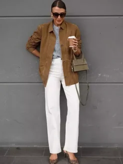 Faux Suede Tan Women's Shirt Jacket - Retro Utility Cargo Pocket Oversized Top - Casual Spring Streetwear 2026