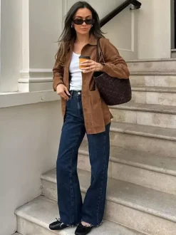 Faux Suede Tan Women's Shirt Jacket - Retro Utility Cargo Pocket Oversized Top - Casual Spring Streetwear 2026