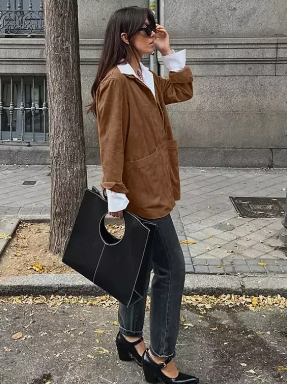 Faux Suede Tan Women's Shirt Jacket - Retro Utility Cargo Pocket Oversized Top - Casual Spring Streetwear 2026