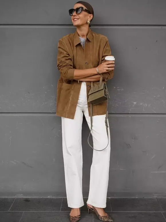 Faux Suede Tan Women's Shirt Jacket - Retro Utility Cargo Pocket Oversized Top - Casual Spring Streetwear 2026
