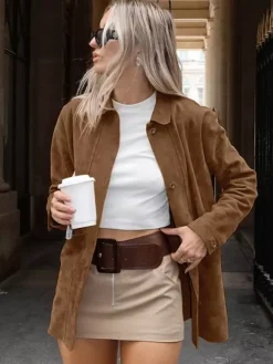 Faux Suede Tan Women's Shirt Jacket - Retro Utility Cargo Pocket Oversized Top - Casual Spring Streetwear 2026