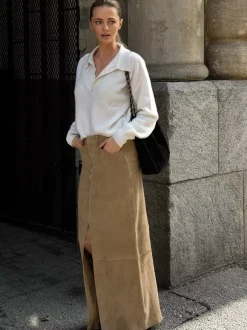 Faux Suede Women Maxi Skirt - Chic Front Slit High Waisted - Quiet Luxury Spring Streetwear 2026