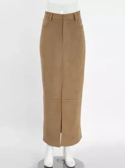 Faux Suede Women Maxi Skirt - Chic Front Slit High Waisted - Quiet Luxury Spring Streetwear 2026
