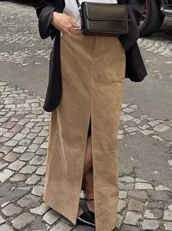 Faux Suede Women Maxi Skirt - Chic Front Slit High Waisted - Quiet Luxury Spring Streetwear 2026