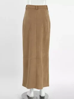 Faux Suede Women Maxi Skirt - Chic Front Slit High Waisted - Quiet Luxury Spring Streetwear 2026