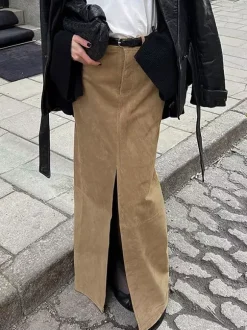 Faux Suede Women Maxi Skirt - Chic Front Slit High Waisted - Quiet Luxury Spring Streetwear 2026